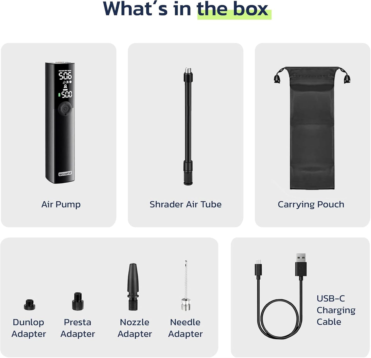 Woowind BP188 Electric Bike Pump Presta Valve And Schrader, Air Pump Tyre Inflator For Bikes, Motorcycle, Auto Shut-off 120~150PSI and Rechargeable