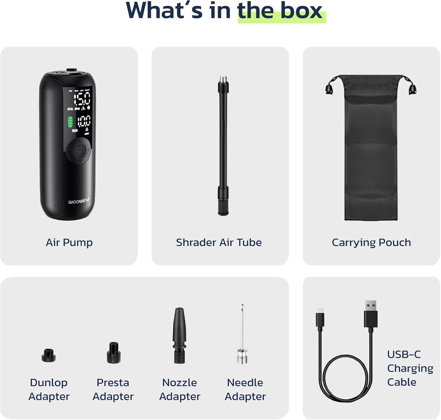 Woowind LP1 Tyre Inflator Air Compressor, 150 PSI, Bike Pump, Auto Cut Off, Cordless Car Tyre Inflator with Schrader, Presta, Dunlop, Pressure Gauge for Car, Bicycle, Motocycle