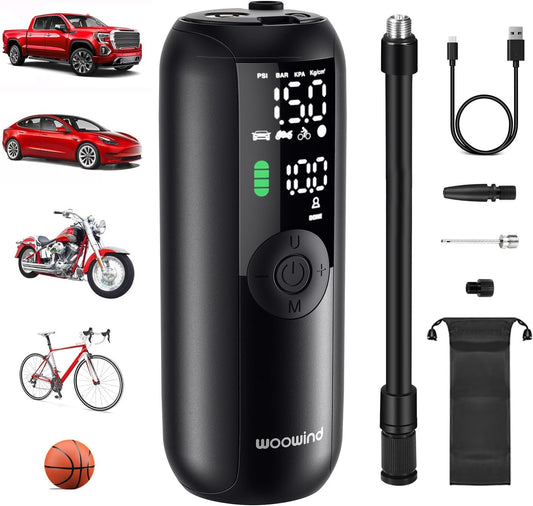 Woowind LP1 Tyre Inflator Air Compressor, 150 PSI, Bike Pump, Auto Cut Off, Cordless Car Tyre Inflator with Schrader, Presta, Dunlop, Pressure Gauge for Car, Bicycle, Motocycle